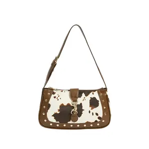 Cow Print Studded Underarm Bags Zipper Buckle Shoulder Handbags Retro Cowgirls Purse