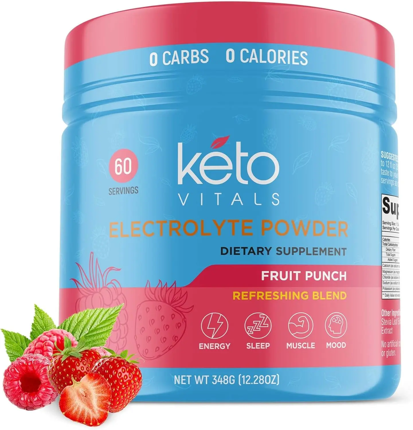 Keto Vitals Electrolytes Powder-Sugar Free Keto Powder with Potassium, Magnesium, Sodium, & Calcium, Made in USA, Non-GMO - 60 Servings, Fruit Punch