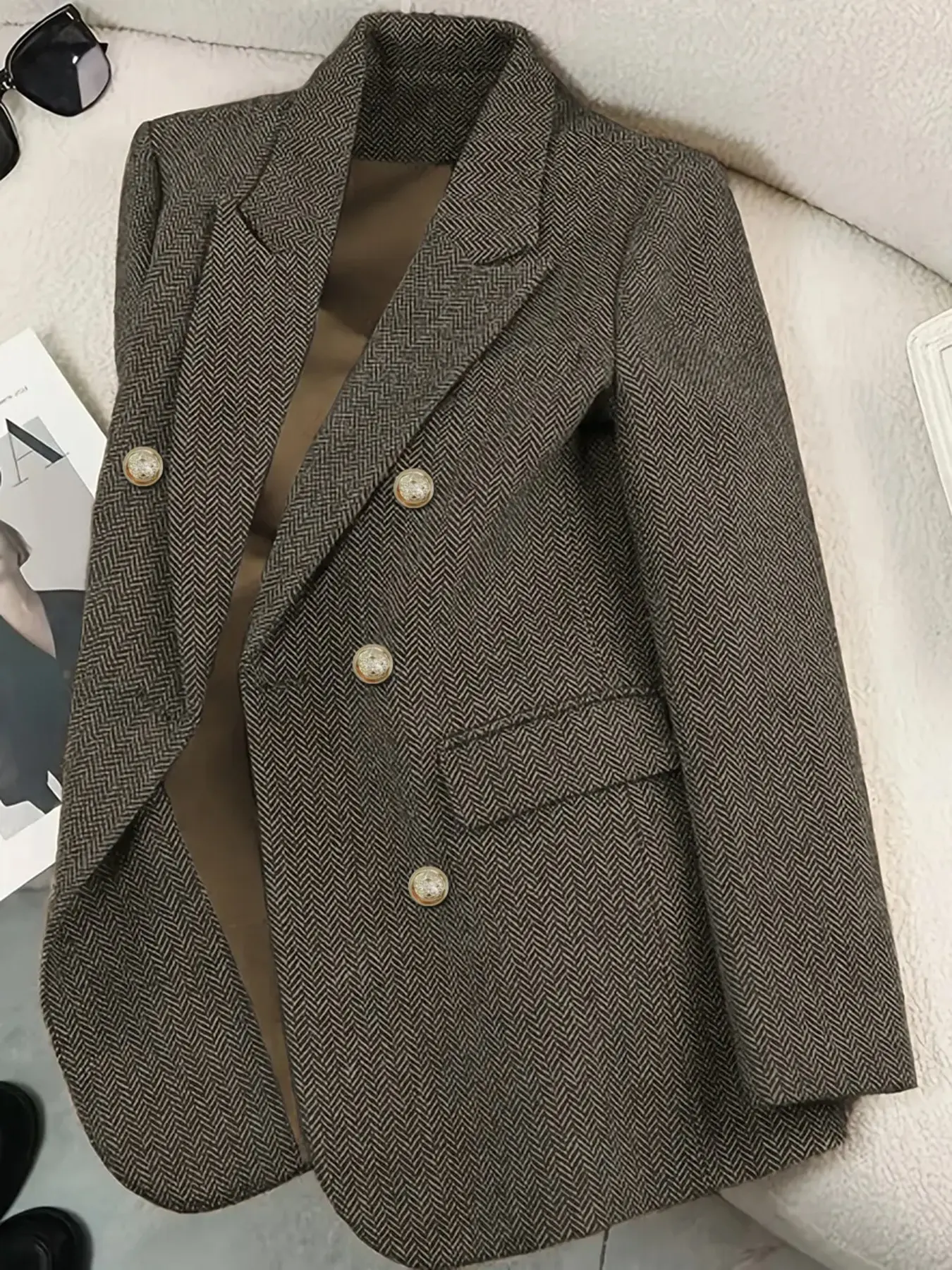 Autumn Winter Retro Fashion Herringbone Tweed Double Breasted Long Sleeve Women's Classic Blazer Coat, Stylish Elegance Outerwear for Ladies, Trendy Fall & Winter Jacket Womenswear, Elegant Formal Wear