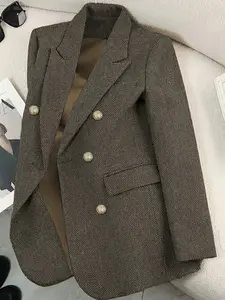 Autumn Winter Retro Fashion Herringbone Tweed Double Breasted Long Sleeve Women's Blazer Coat, Stylish Outerwear for Ladies, Trendy Fall & Winter Jacket