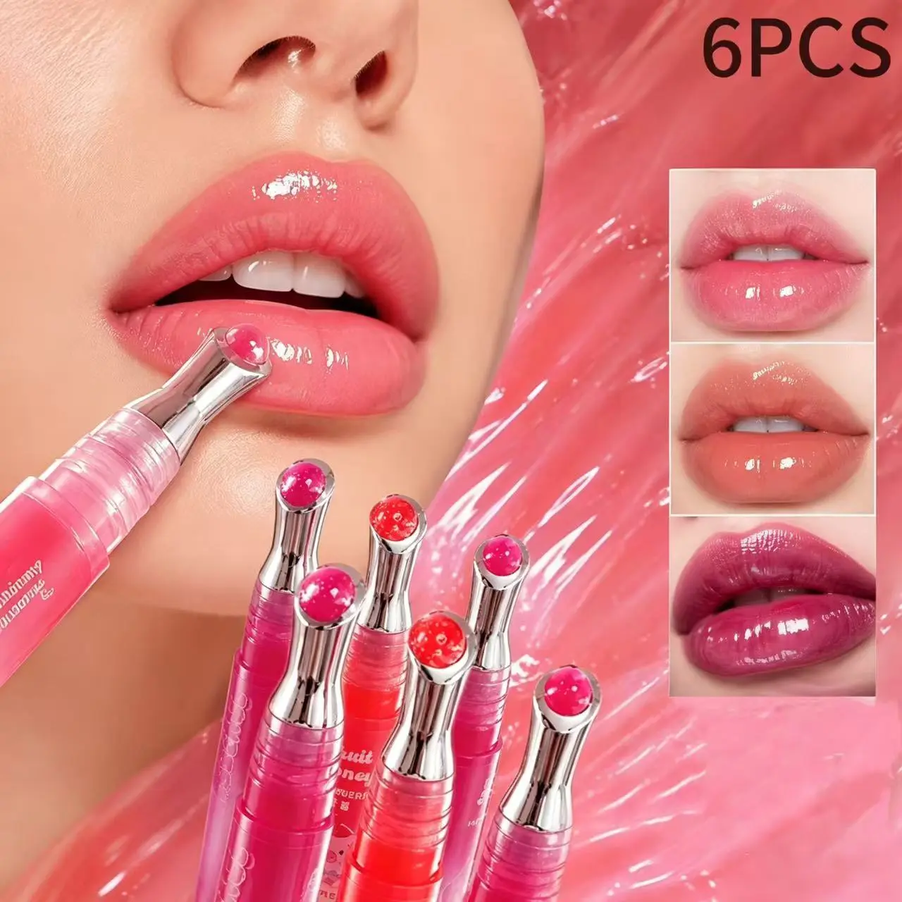 6-Pack Fruit-Flavored Lip Oil Set with Cooling Metal Applicator, Hydrating & Plumping Lip Gloss for Dry Lips, Moisturizing & Massaging, Non-Sticky Shiny Finish, Fruity Scent, Daily Lip Care Essential, Ideal Gift ：