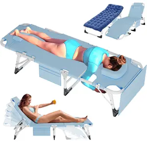 SLSY Oversized Face Down Tanning Chair with Face Arm Hole, Adjustable 5-Position Folding Lounge Chair with 2 Sided Cushion & Pillow, Folding Beach Chair, Folding Camping Cot Bed
