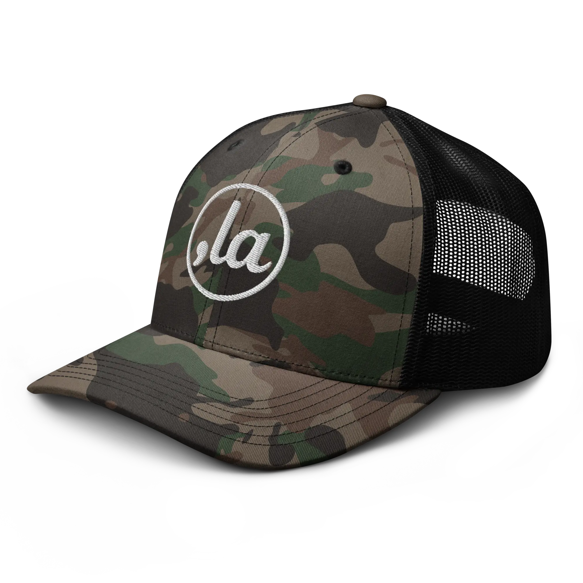 RIVEMUG WC Comma La Kamala Harris Embroidered Camouflage Curved Bill Trucker Hat Low Crown Adjustable Kamala Harris Camo Cap