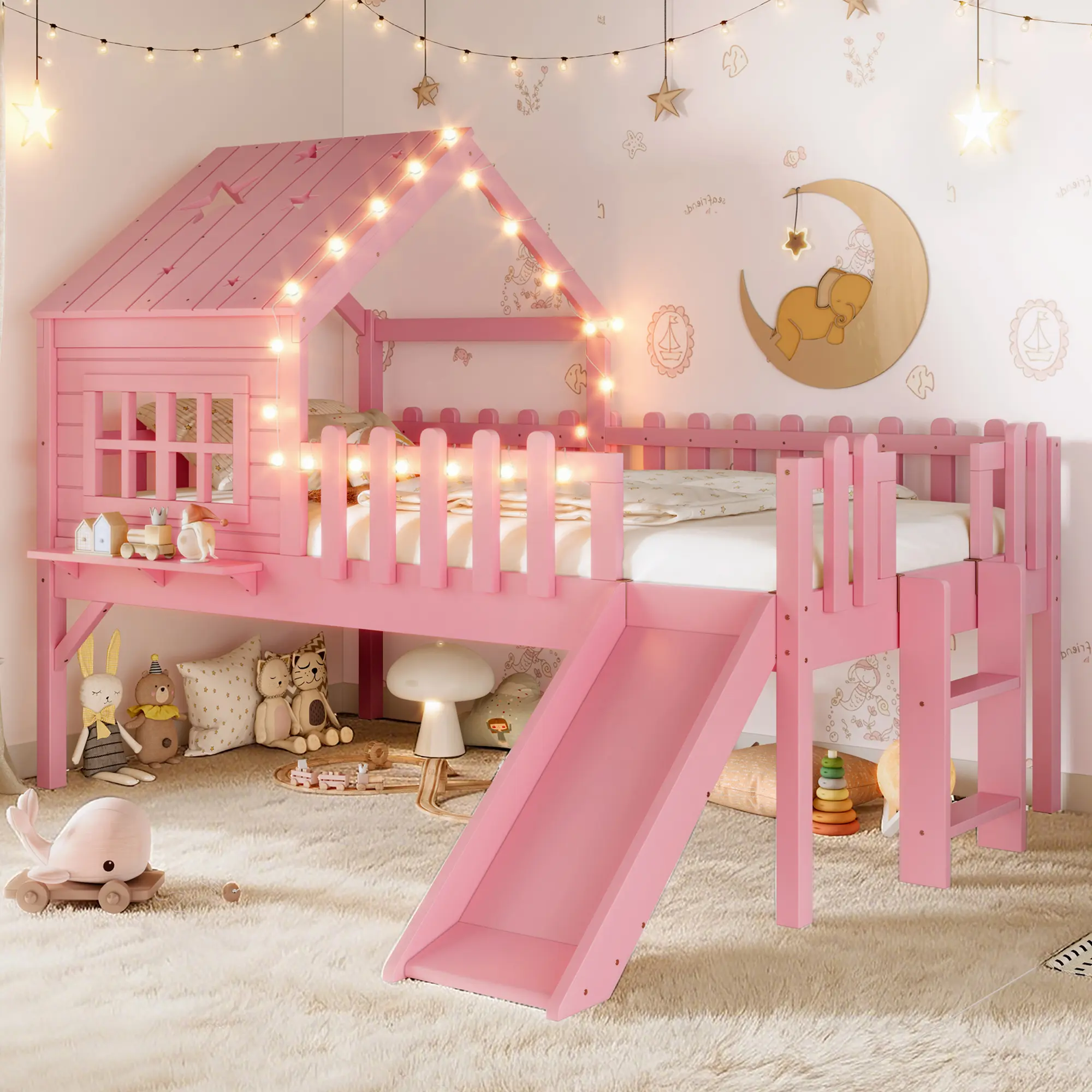 Bellemave Glam Twin Size Charming Wooden House-Shaped Loft Playhouse Bed for Kids - 80.80x66.90x57.50 in, Slide, Star-Moon Designs, Window, Chic LED Lights, No Box Spring Needed, Assembly Required, Kids Furniture Bedroom, Shaped Beds
