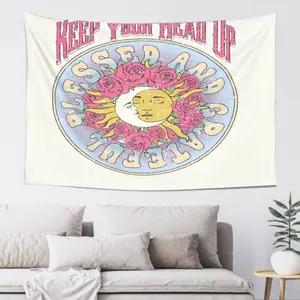 Sun Moon Tapestry - Inspirational "Keep Your Head Up" Text Artwork Print, Colorful Hippie Aesthetic Home Decor Wall Hanging for Bedroom, Artwork Print Tapestries, Colorful Tapestries