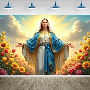1pc DRIHANCO Virgin Mary & Jesus Christ 2D Fabric Backdrop with Rose Flowers & Golden Festive Lights - Christian Themed Wall Decoration for Photo Booths, Indoor/Outdoor Events, Parties, and Religious Services