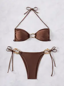 Women's Triangle Bikini Set Brown Gold Ring Detail Tie Side Two Piece Swimsuit