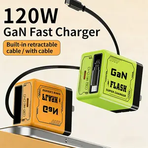 120W GaN Charger! Built-in Retractable Cable Fast Charger for Travel, Home, Office, All Devices