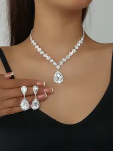 Luxury High-End Imitation Crystal Flower Water Drop Necklace and Earring Set, Elegant Bridal Jewelry Accessories for Wedding