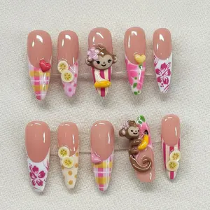 A5 Cute Monkey Fruit Press-On Nails, 3D Monkey and Banana Design, Sweet Summer Style, Vacation Nails, Gift for Her