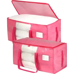 2 Pack Pink Moving Bags with Clear Window Storage Bags with Full Wrap Carrying Handles Zippers Large Packing Bag for Saving Space Alternative to Moving Boxes