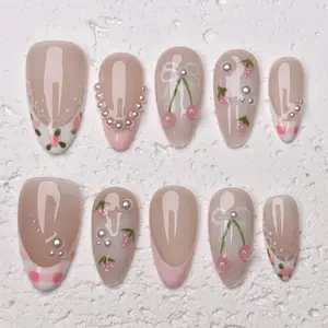 [Sweet Pearl] Medium Almond Handmade Press on Nails, Fake Nails with Nail tool kit with Jelly Stickers, Reusable, Durable