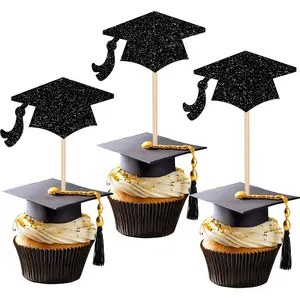 12 Pieces Shiny Graduation Cap Cupcake Toppers, Congratulations Grad 2026, Class of 2026 Cake Decorations, Graduation Party Supplies