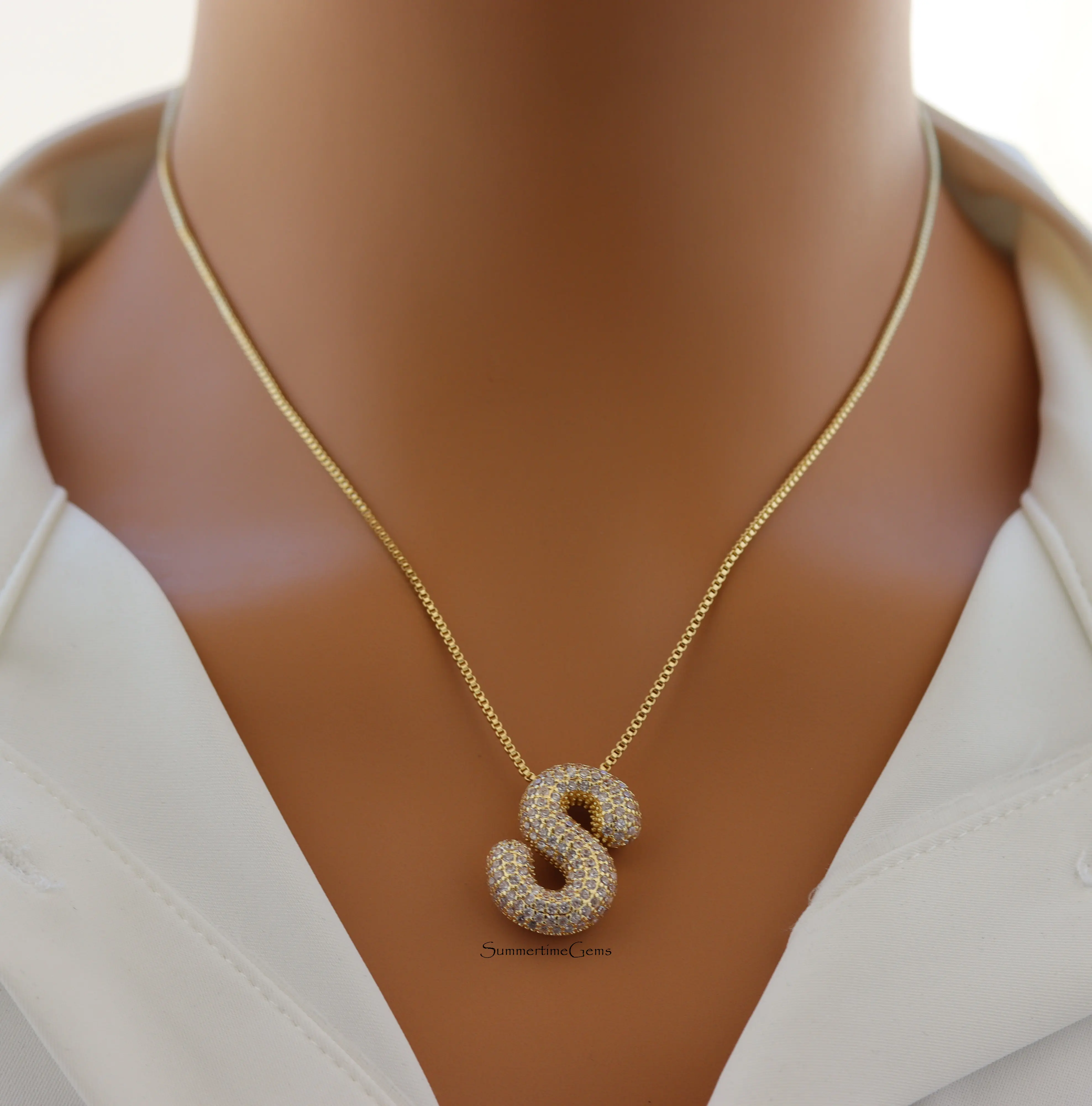 Pave Bubble Initial "S" Pendant Necklace – Trendy Sparkling Letter Necklace in 100% Alloy for Personalized Style