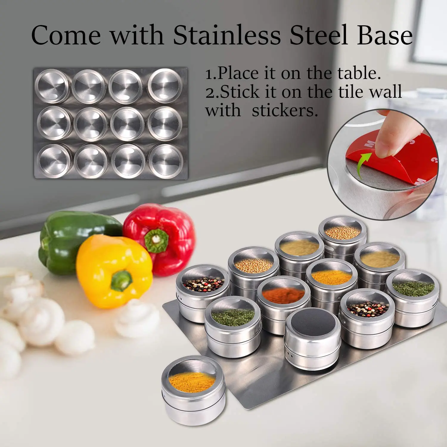 Upgrade Magnetic Spice Jars 12pcs with Wall Mounted,Stainless Steel Spice Tins with Lid and Small Holes for Sprinkle Rust Free Easy to Clean