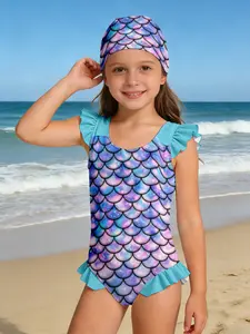 Girls' Blue Gradient Mermaid Scale One-Piece Swimsuit, Quick-Dry Breathable Baby Swimwear, Perfect for Beach Vacation Gifts