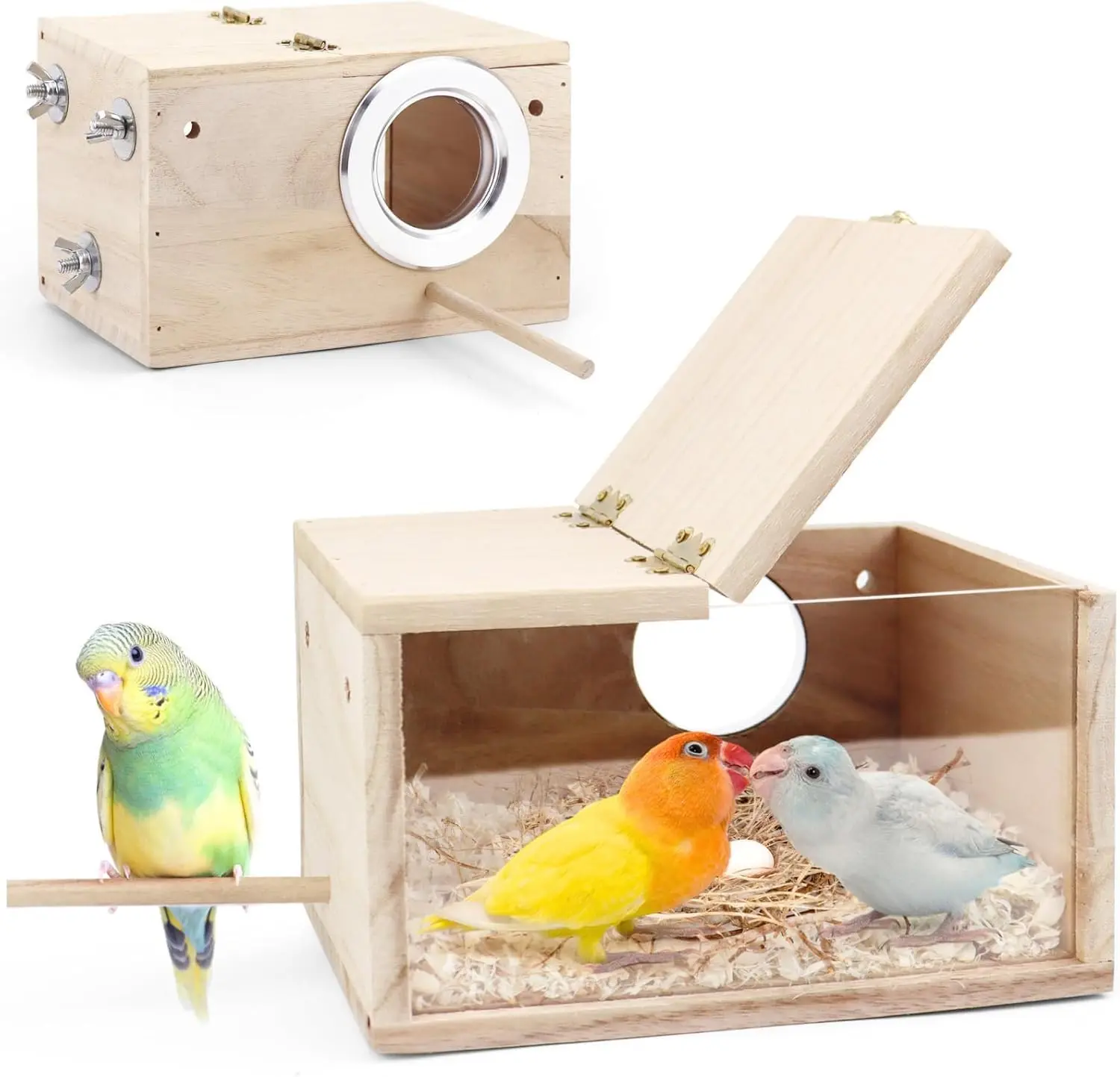Wooden Parakeet Nesting Box - Bird Supplies with Acrylic Front, Perch, Breeding Aid - Bird Cage Accessory for Lovebirds, Cockatiel, Budgie, Finch Parrot, Perch Bird Cages & Houses