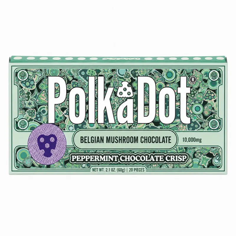 Polkadot Belgian Chocolate, Peppermint Chocolate Crisp, 20 Count, High Potency Plant-based Mushroom Snack, 100% Organic, High-Quality Ingredients, Made in USA, All Natural, Healthy Chocolate, 20 Piece Chocolate Bar
