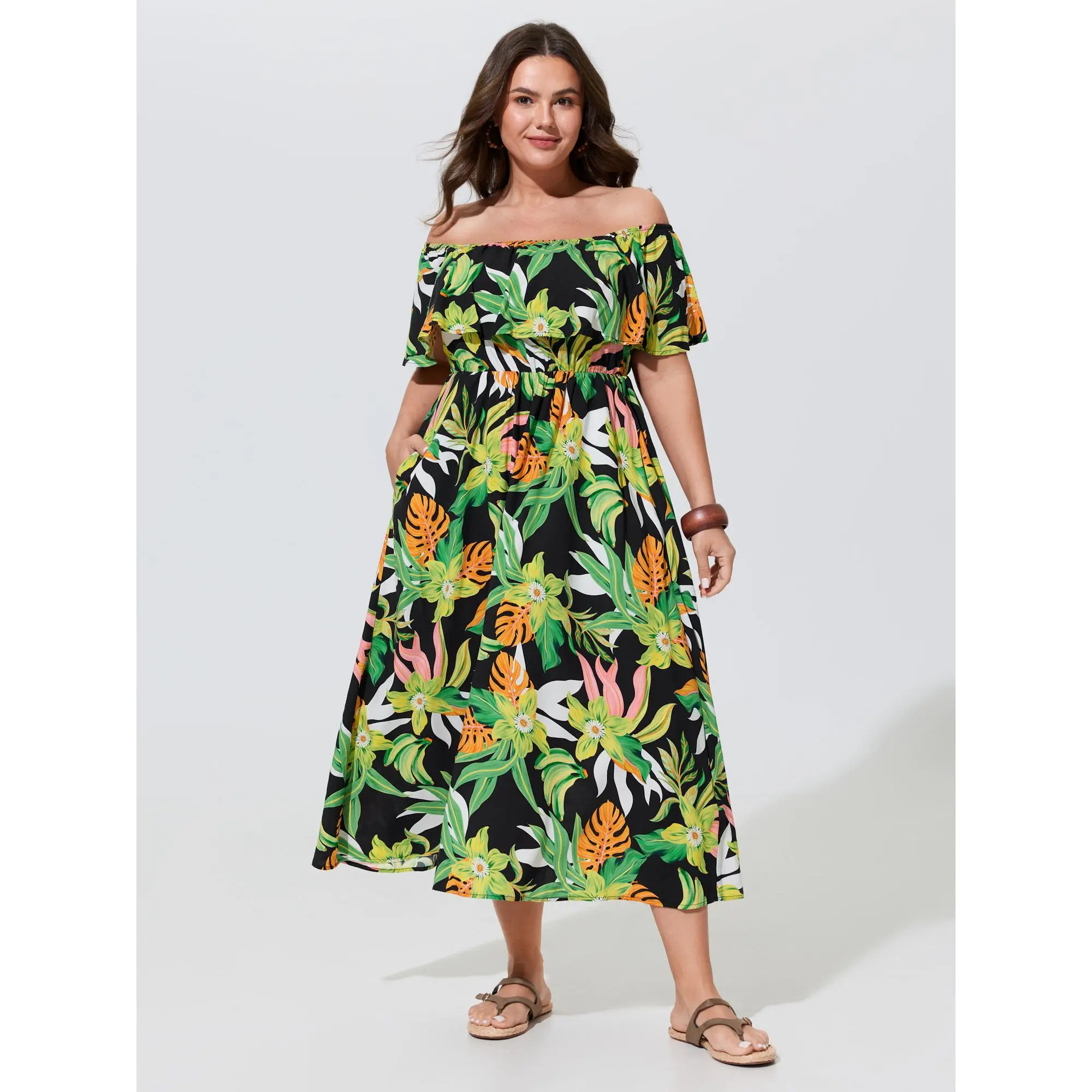BloomChic Women's Plus Size Casual Wear Long Maxi Dress - Rayon Tropical Resort Dress with Cold-Shoulder Ruffle Short Sleeves, Pockets, Smooth Fabric, Black Floral Pattern