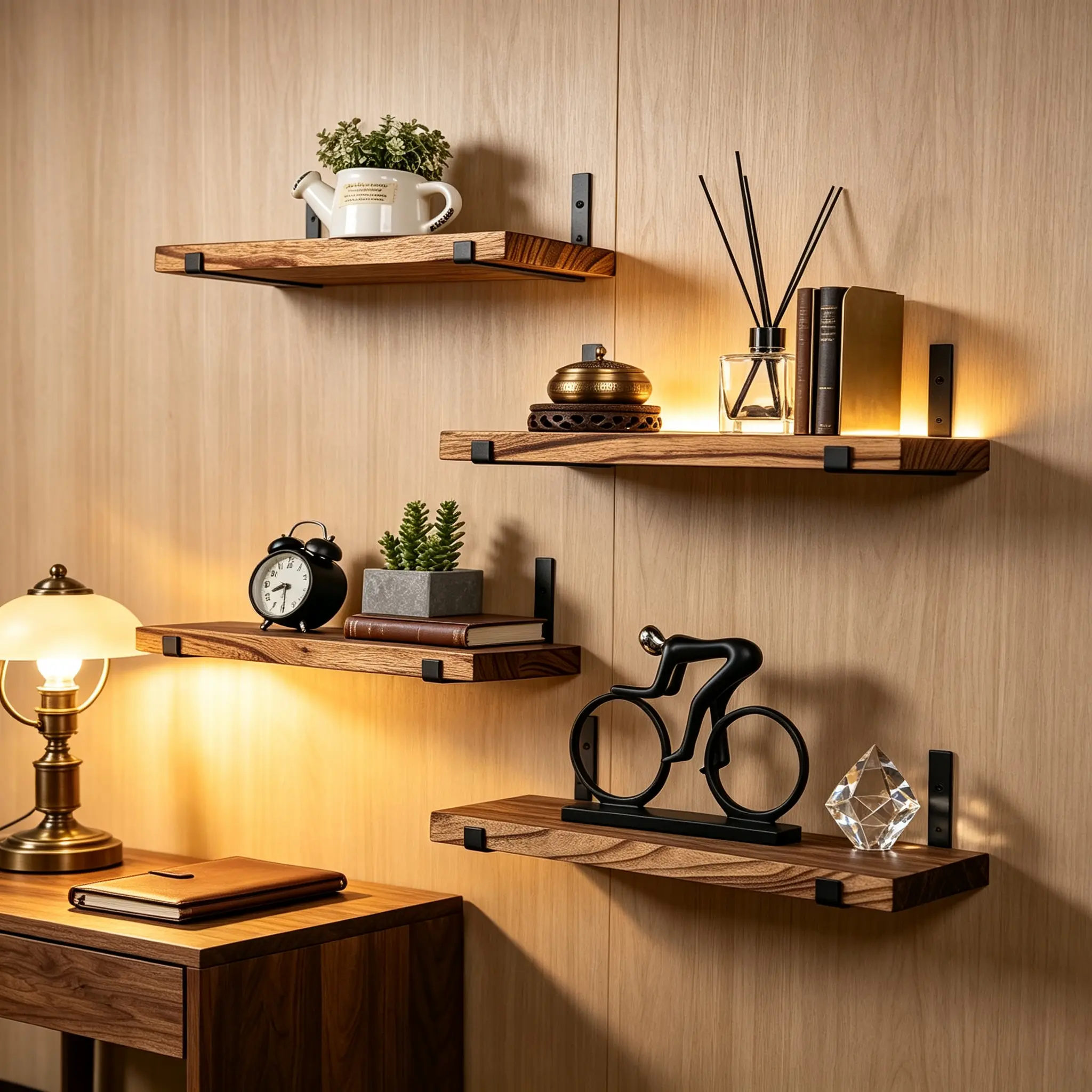 Rustic Floating Shelves (Set of 4) - Heavy-Duty Metal Bracket Wall-Mounted Wood Ledges, Home Decor Organizer for Bedroom, Living Room Storage