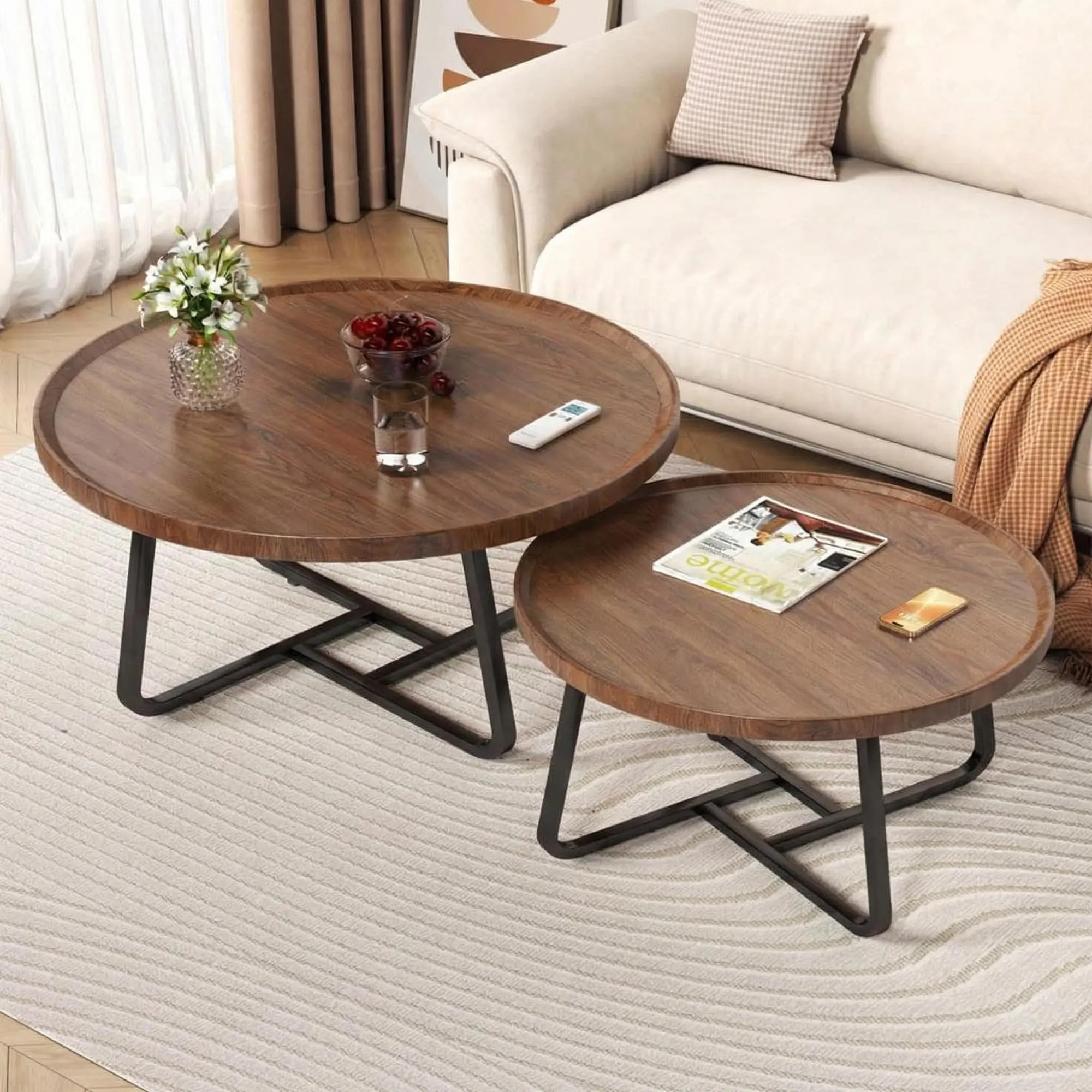 2-Piece Modern Round Coffee Table Set – Durable Nesting Accent Tables for Living Room, Sofa, Bedside, or Balcony – Space-Saving, Easy Assembly