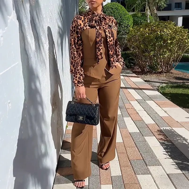 CHICME Women's 2 Pieces Outfit Leopard Print Spliced Tie Neck Long Sleeve Double Breasted Front Flap Detail Top and Zipper Fly Wide Leg Pants Set Casual Commuting Set