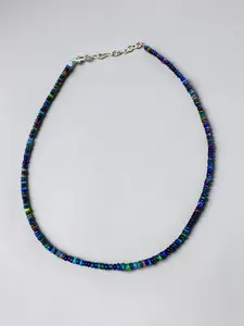 Natural Ethiopian Smoked Black Opal Beaded 16" Necklace - 925 Sterling Silver Plated