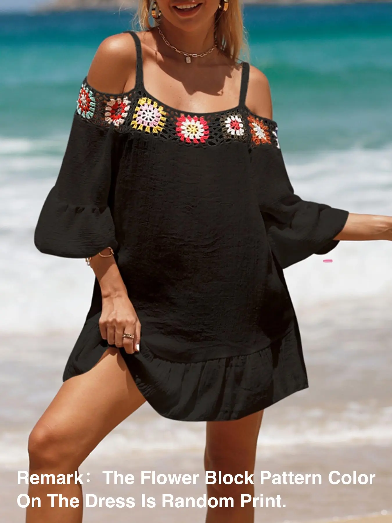 Holiday Hand-Knitted Lace One Shoulder Top, Casual Short-Sleeve Pure Color Sunscreen Beach Dress, Beach Cover Up, Summer Loose-Fit Woven Fabric, Age 35-44