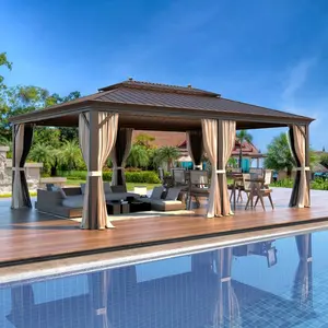 14' x 20' Hardtop Gazebo with Double Roof, Permanent Outdoor Aluminum Gazebo with Curtains & Netting, UV-Resistant Pavilion for Patio, Garden, Lawn