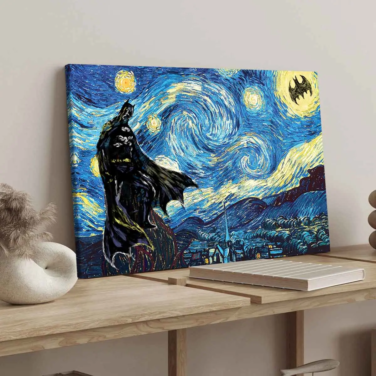 Van Gogh's Starry Sky Pattern Canvas Painting with Frame, Modern Art Bat Character Posters, Wall Art Decor for Home Living Room Bedroom Office, Halloween Van Gogh's Starry Sky Pattern Canvas Painting with Frame, Modern Art Bat Character Posters, Wall Art Decor for Home Living Room Bedroom Office, Halloween