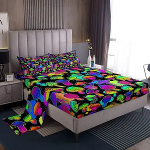 Feelyou Decorative Bedsheet Sets - Cute Trippy Cartoon Mushroom Bedding, Teal-Purple Neon Ombre Tie-Dye Fitted Sheet, Wild Colorful Botanical Themed Linens