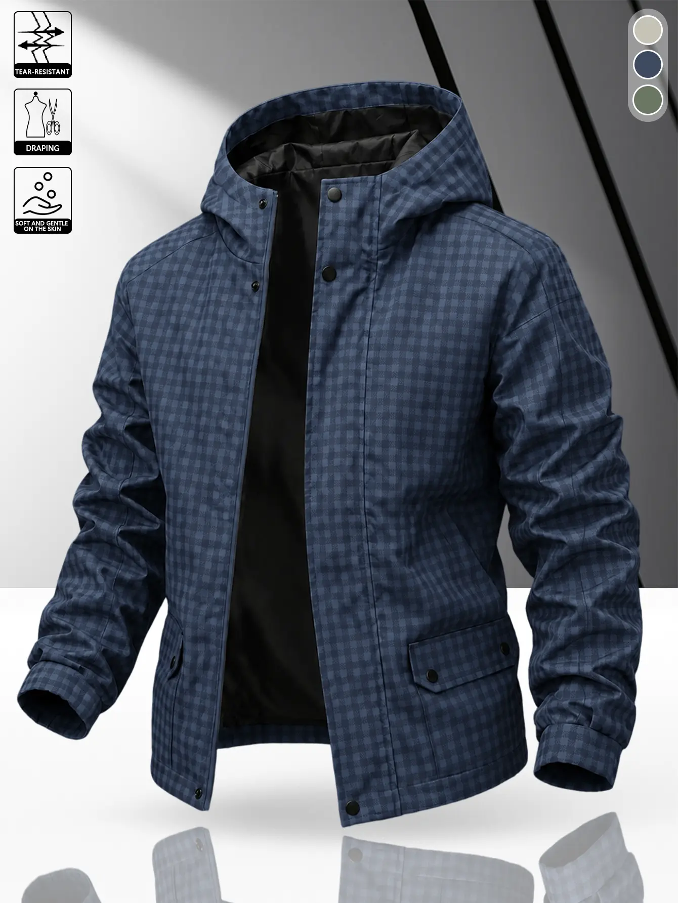 Men’s dark navy workwear hooded jacket with a subtle small check pattern, double closure with buttons and inner zipper, flap cargo pockets, adjustable cuffs, Japanese-style casual functional outerwear for spring and autumn.
