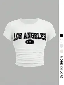 Retro Y2K Los Angeles 1998 Pattern, Graphic Crop Top, Black Short-Sleeve Fitted T-Shirt, for Summer 90s retro aesthetics, slim-fit cropped design, perfect for street style outfits and recommended by TikTok shop creators, Streetwear, Casual
