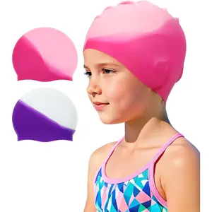 Swim Cap Kids (2 Pack), Durable Waterproof Swimming Cap for Girls Boys Teens Toddler Aged 3-15, Comfortable Fit Kids Swim Cap for Long Hair and Short Hair, Silicone Swim Caps for Kids Toddler