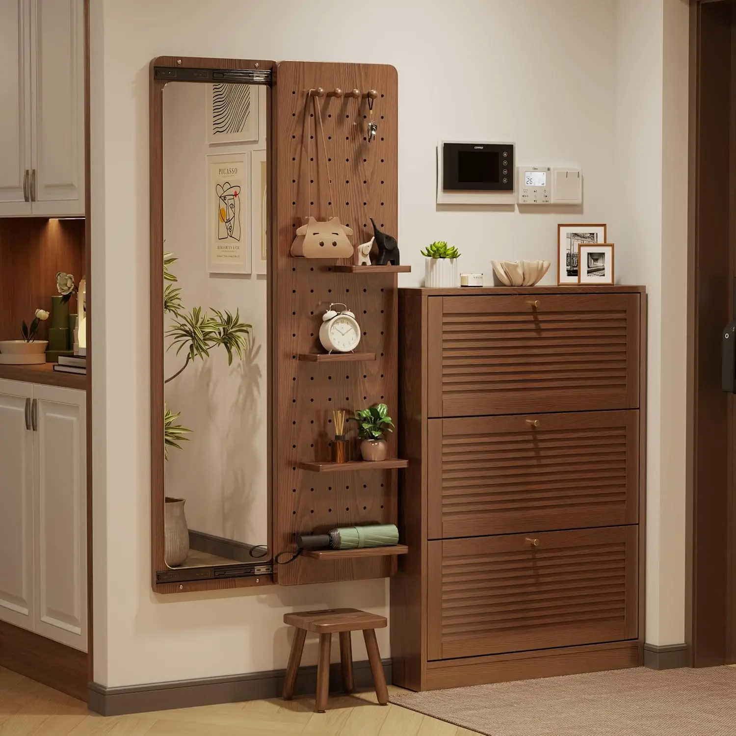 Sliding Entryway Mirror with Pegboard Storage Full-Length Space-Saving Shatter-Proof Hooks & Shelves Organizer for Entryways and Hallways