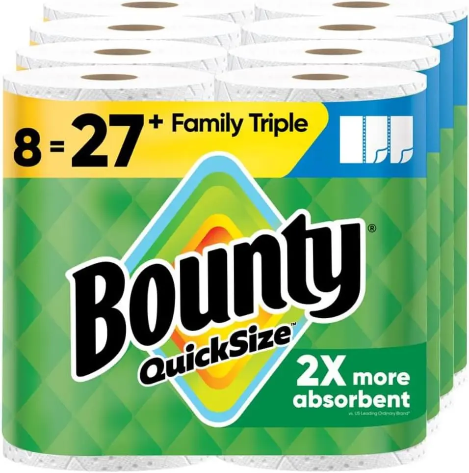 Bounty Quick-Size Paper Towels 8 Family Triple Rolls White 27 Regular Rolls Equivalent 2X More Absorbent Strong Absorbent