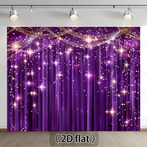 2D Flat - Purple Stage Golden Stars And Sparkles Background, Party Photo Background, Birthday Wedding Graduation Themed Party Photography Background Retro Block Portrait Photo Studio Props Decorations Banner