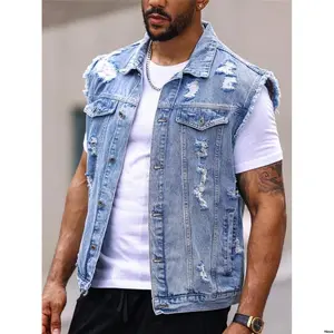 PlainLightBluePartyGrungeRapperDenimVestJacket RivetRiseMenRippedFrayedDenimVestJacketWithoutTee