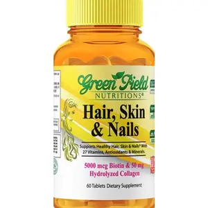 Greenfield Nutritions Halal Biotin Tablet for Adult - 60 Halal Multivitamin for Hair Skin and Nails - High potency 5000mcg Biotin with 50mg Collagen and Minerals - Gelatin Gluten Free, Non-GMO Vitamin