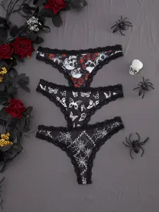 3-Pack Sexy Lace Trim Low Waist Thongs, Unique Butterfly Chain Print for Halloween, Comfortable Fitted Women's Underwear, Trim Lace Panty