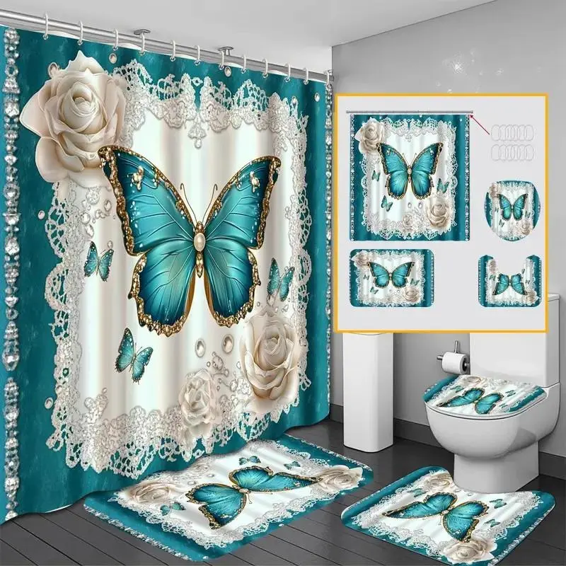 1/4pcs set of turquoise floral and butterfly pattern bathroom Aesthetic Shower Curtain and mat set, including 12 hooks, non-slip bathroom mat, non-slip toilet U-shaped mat, toilet seat cover, bathroom partition, modern home decor, Shower Curtain Sets
