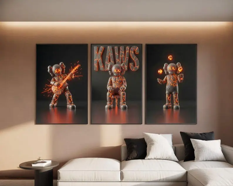 Luxury Kaws Wall Art Poster Print Unframed Set Of 3, Kintsugi Hypebeast Room Decor, Black and White Kaws Posters, Kaws Figures Print Set,Modern Art