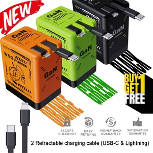 [Buy 1 get 1 free]Retractable Gan Wall Charger Plug, usb c cable,Fast Charging for iPhone 17/16/15/14/13/12/Plus/Pro Max, Compact Device, Wireless Earphones, Bluetooth Speaker, Headphones, Mobile Phone, Travel, Lightening, Perfect Gift for Christmas,Black