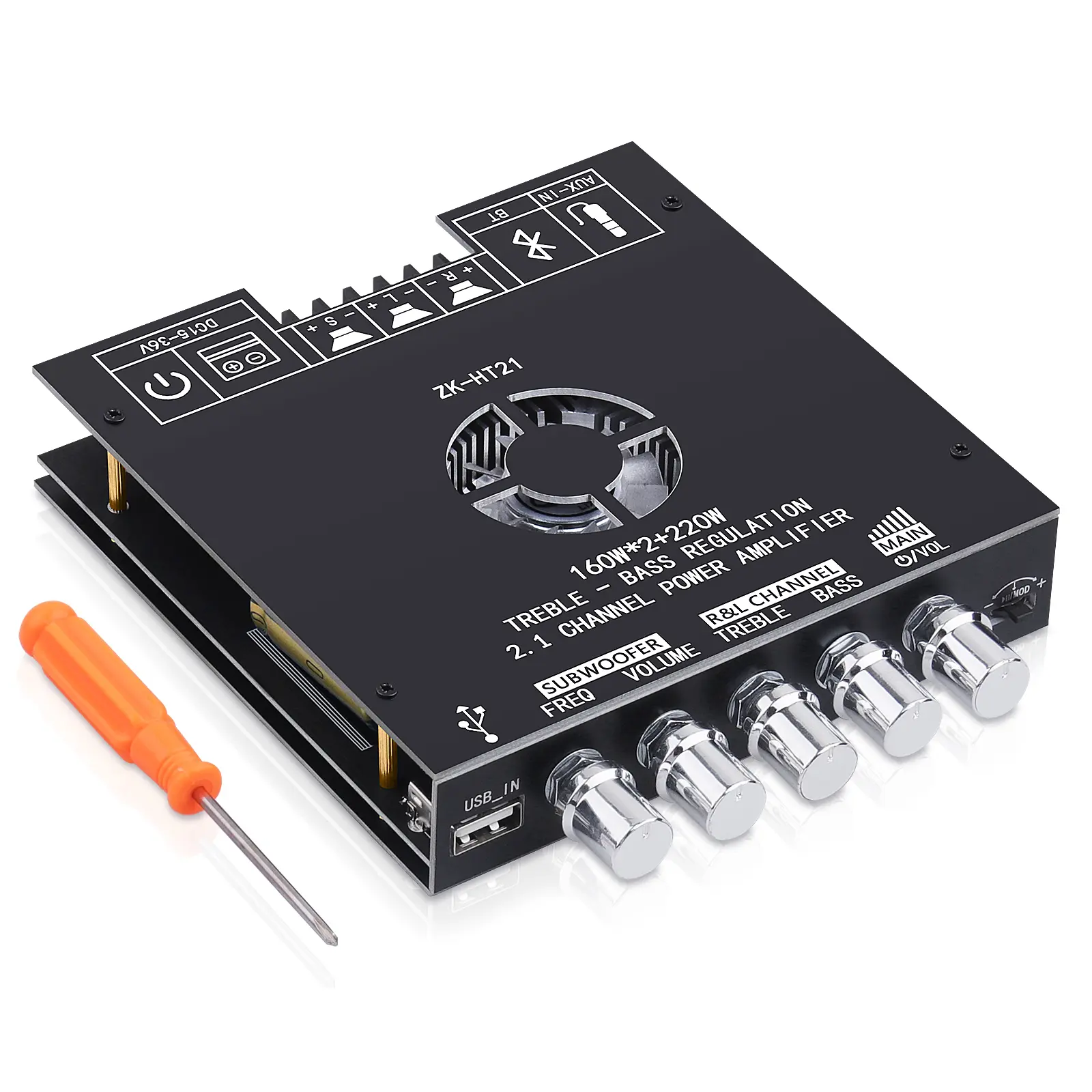 DideaECO ZK-HT21 Bluetooth 5.0 HiFi Stereo Audio Amplifier Board - 2.1 Channel, 160W x 2, 220W for Subwoofer with 20-200hz Subwoofer Frequency Adjustment, 3.5mm AUX Input/USB Connections, 15V (DC) to 36V, Protection for DIY Home Speakers
