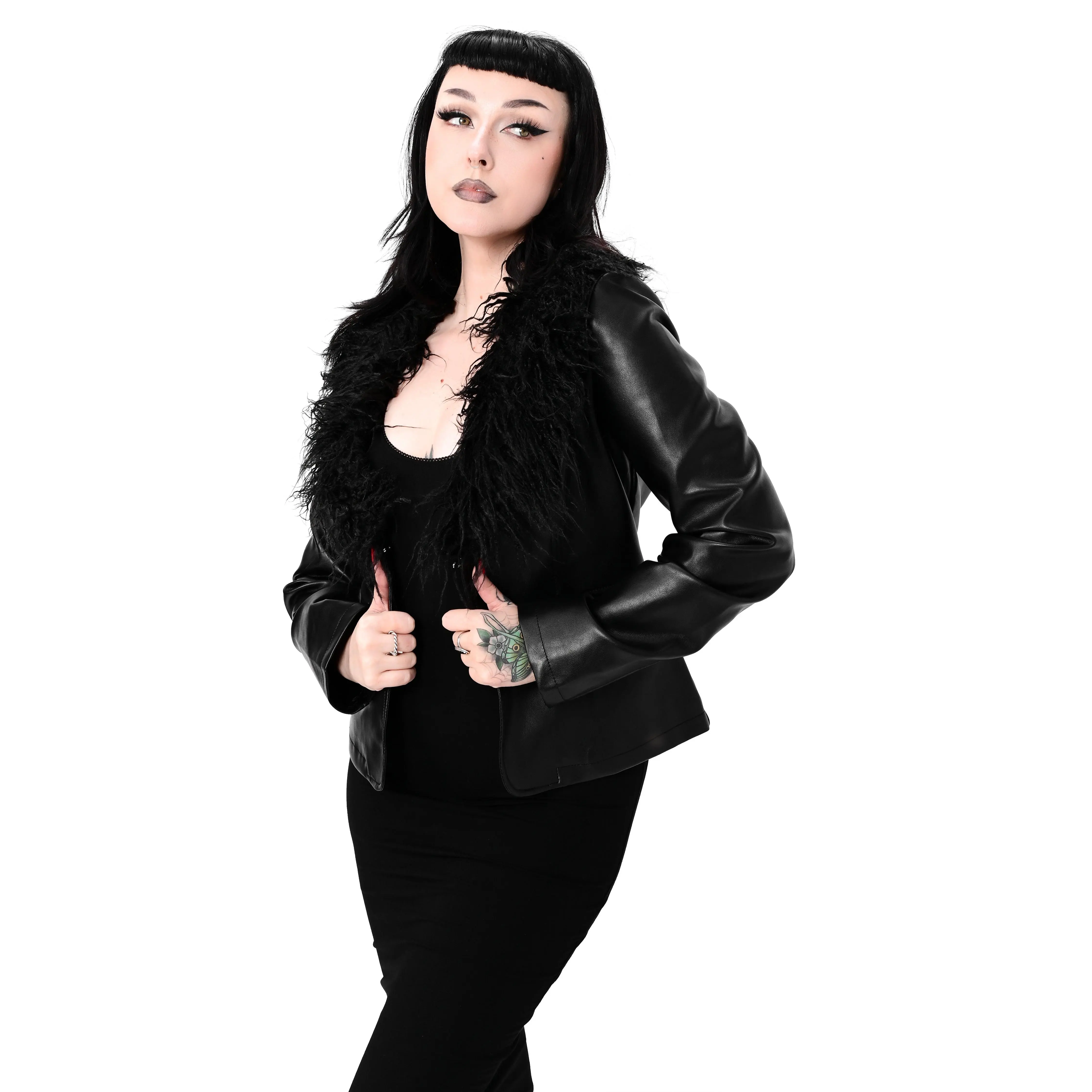 Rylie Faux Fur Trim Faux Black Leather Jacket