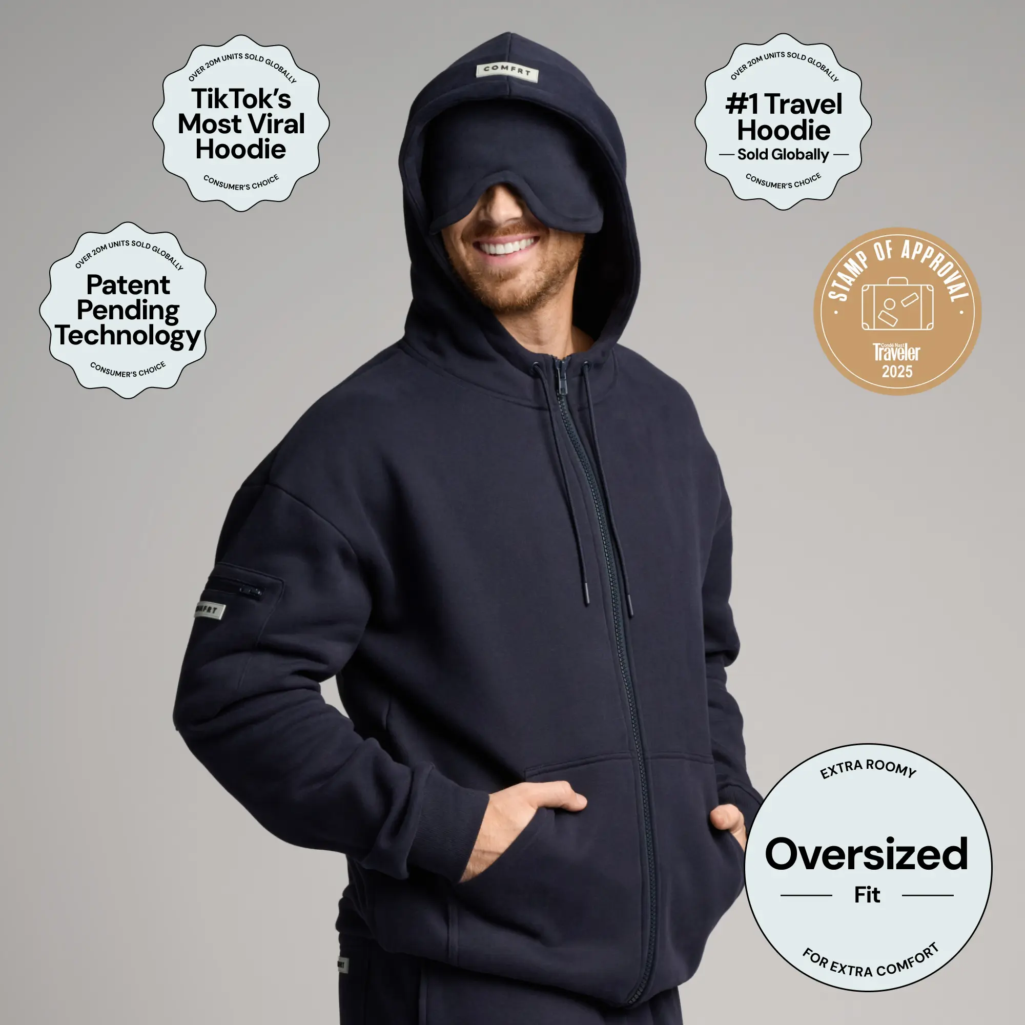 Comfrt | Airplane Mode Travel Zip Hoodie | Zip Up Hoodie With Eye Mask For Travel & Airport Outfits