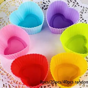 Heart-Shaped Silicone Cupcake Molds, 8pcs/20pcs/40pcs Set, Perfect for Baking Cakes & Pudding, Durable Non-Stick Design, Random Color Options