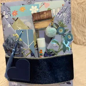 (Blue theme) paper with Floral Design. Hints of Blue, Lilac and Navy Blue Velvet 2 Inch Ribbon and pretty butterflies.