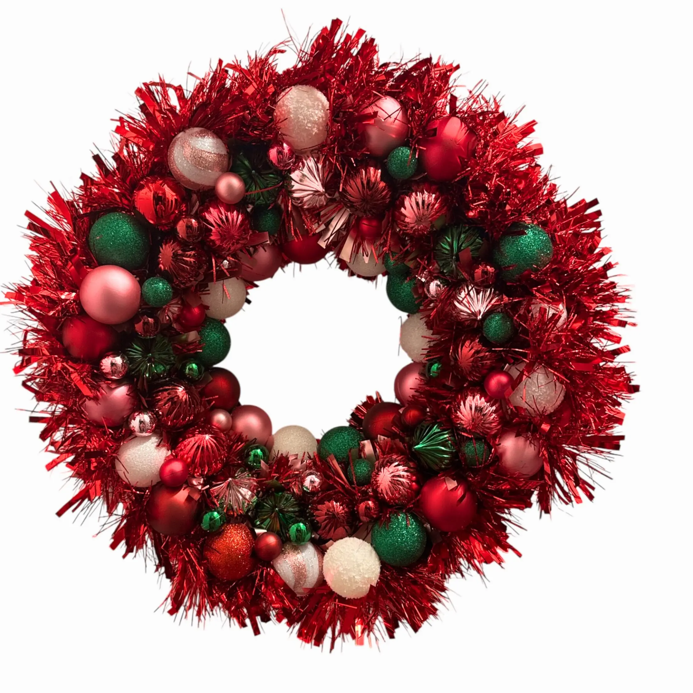 Christmas Ornament Wreath Red Green, Holiday Front Door Decor, Festive Christmas Wreath, Shiny Baubles Wreath, Tinsel Wreath