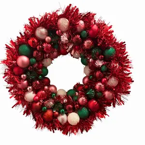 Christmas Ornament Wreath Red Green, Holiday Front Door Decor, Festive Christmas Wreath, Shiny Baubles Wreath, Tinsel Wreath